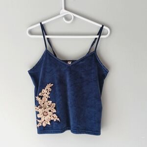 Splash Cami Tank Top Velour Style Lace Applique Low-cut Blue Beige Size 8
